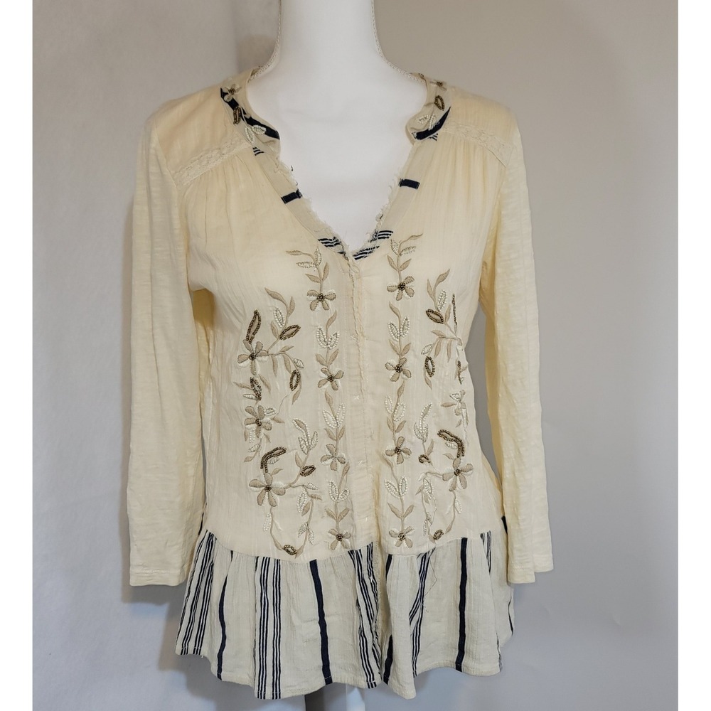Anthropologie C. Keer Spry Boundary Snap Button Embroidered Beaded‎ Peplum Top M